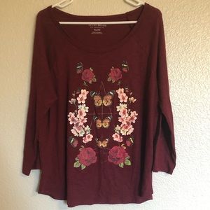Floral Lucky Brand Maroon 3/4 Sleeve XL